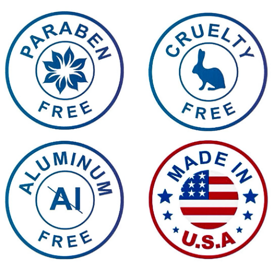 Four blue and red circular stamps with text. The first stamp says 'PARABEN FREE' with a blue flower in the center. The second stamp says 'CRUELTY FREE' with a blue rabbit in the center. The third stamp says 'ALUMINUM FREE' with a blue 'AI' with a line through it in the center. The fourth stamp says 'MADE IN U.S.A.' with a red, white, and blue American flag in the center.